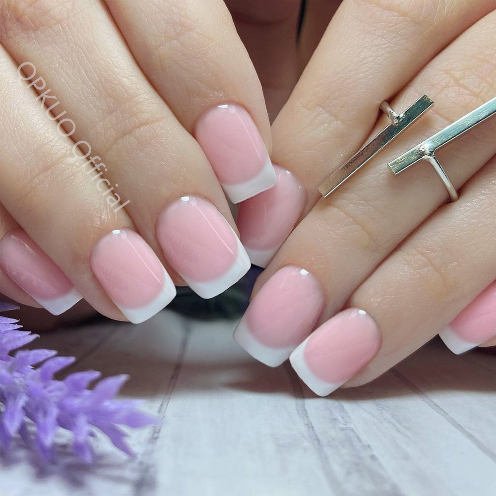24Pcs Pink French Tip Press On - Full Cover Adhesive 评论和价格